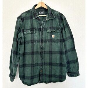 Carhartt Men's Size L Loose Fit Green Black Plaid Flannel Button Up Work Shirt